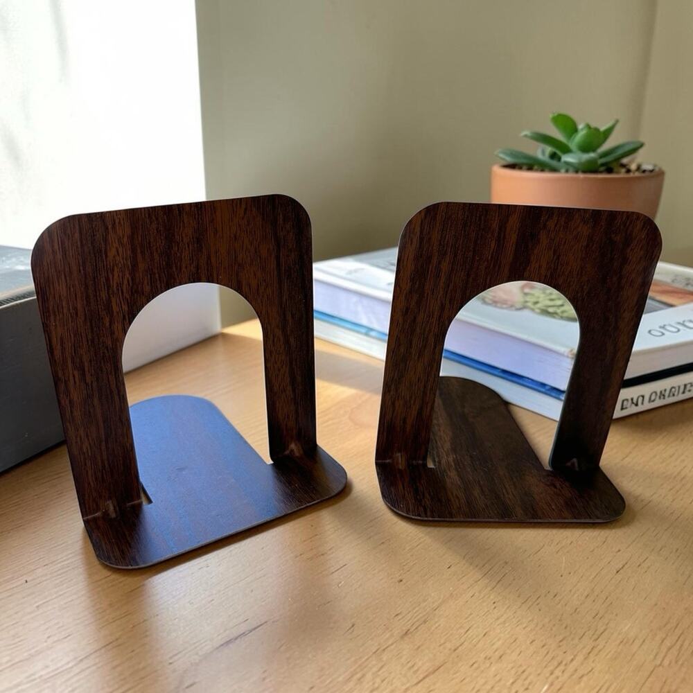 2 Vintage Rogers Metal Industrial Small Bookends MCM Faux Woodgrain 5" X 4.75"